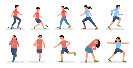 Fototapeta na wymiar Set of people performing summer sports and leisure outdoor activities at beach, in sea or ocean - couple running, playing ball, volley, yoga, badminton. Colorful flat cartoon vector illustration