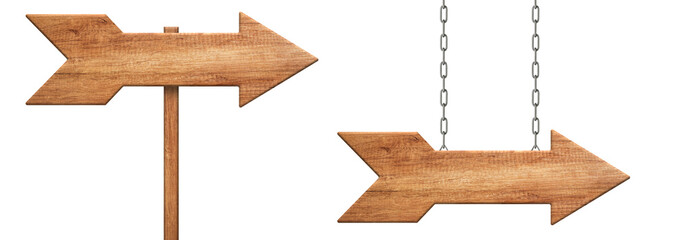 Wooden arrow shape signpost made of natural wood hanging on chains and with pole
