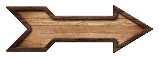 Wooden arrow shape signpost made of natural wood with dark frame