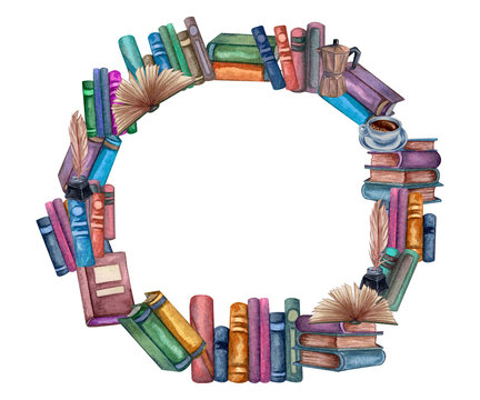 School books wreath, education art library, bookshelves watercolor hand drawn illustrstion. Round frame with books.