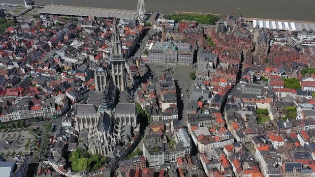Aerial view of cityscape of Antwerp, gothic style landmark Cathedral of Our Lady Antwerp and river Scheldt in historic center of city - landscape panorama of Belgium from above, Europe