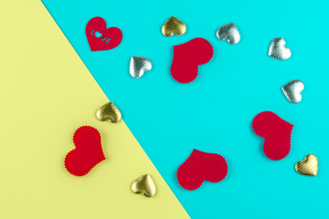 Red heart on yellow and blue background for Valentine day to romantic, love concept and idea for postcard and copy space.