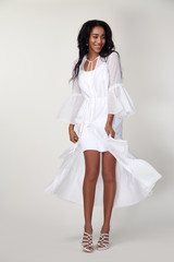 Pretty beautiful sexy elegance woman skin tan body fashion model glamor pose wear trend dress...