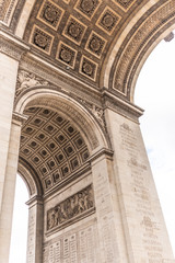 Paris, France - APRIL 9, 2019: Detais of the Arc de Triomphe on a cloudy day, Paris