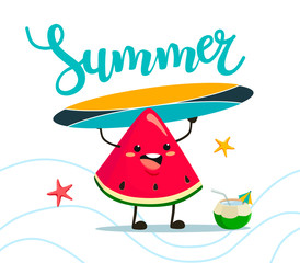 Funny watermelon with a surfboard in cartoon style. Vector
