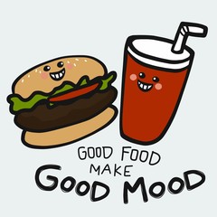 Good food make good mood hamburger and soda smile cartoon vector illustration doodle style