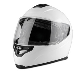 White motorcycle carbon integral crash helmet isolated white background. motorsport car kart racing transportation safety concept