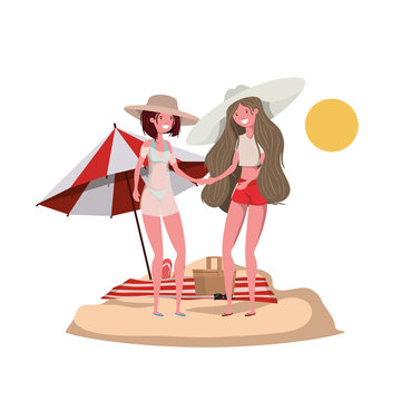 women with swimsuit on the beach and umbrella