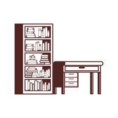 desk and shelving with stack of books on white background