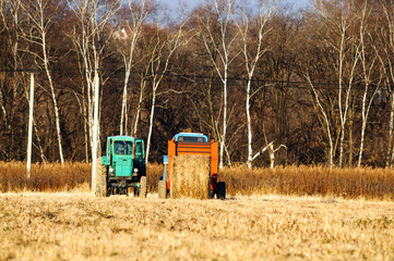 Tractors for harvesting dry grass in straw bales in a field in the fall. Special agricultural equipment. Shallow depth of field.