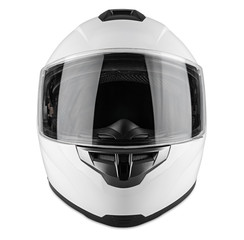White motorcycle carbon integral crash helmet isolated white background. motorsport car kart racing...
