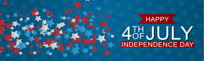 4th of July United States national Independence Day celebration banner with blue, red, and white confetti for a website header or advertisement print.