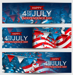 4th of July United States national Independence Day celebration banner set with blue, red, and white confetti for a website header or advertisement