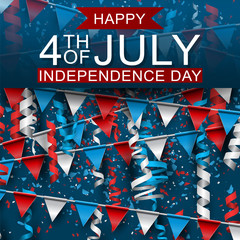 4th of July United States national Independence Day celebration  background with American flag, confetti, and falling paper. Party concept. Vector illustration.