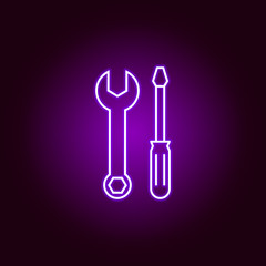 tools wrench screwdriver outline icon in neon style. Elements of car repair illustration in neon style icon. Signs and symbols can be used for web, logo, mobile app, UI, UX