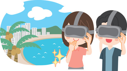 Illustration of a young couple VR travel