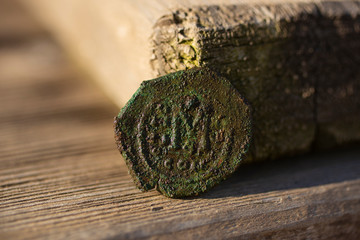 Byzantine copper coins from the reign of Emperor Justinian 1. Excavations of the winery in the...