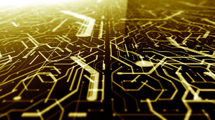 3D render of Circuit board electronic information data transfer processing technology engineering design of digital computer network circuits