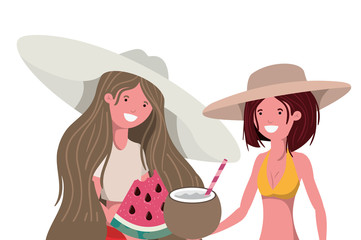 women with swimsuit and tropical fruits in hand