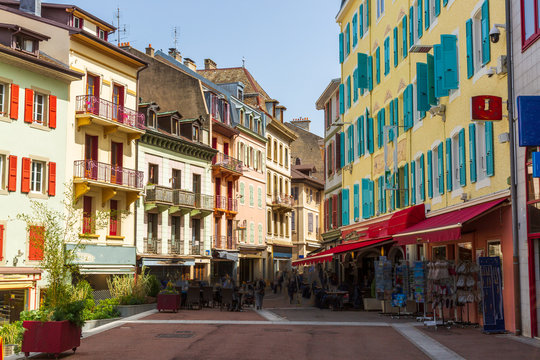 Old town buildings in Evian-les-Bains city in France