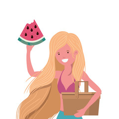 woman with swimsuit and portion of watermelon in hand