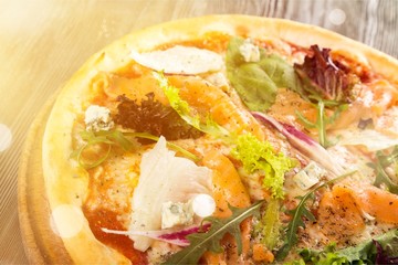 Closeup of a Pizza with Ham