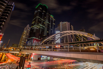 Sky WalkSathorn-Narathiwat intersection(Saphan Chong Nonsi) - Bangkok: May 25,2019,the atmosphere on the road is crowded with traffic and residents gradually return by BTS in Chong area Nonsi,Thailand