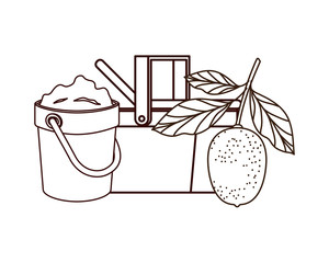 picnic basket with tropical fruits on white background