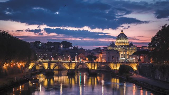 hyper lapse of St. Peter's Basilica, Sant Angelo Bridge, Vatican, Rome, Italy