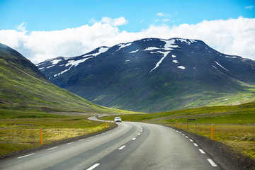 Beautiful view summer of road trip car at North land in Iceland