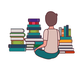 student boy sitting on his back with stack of books