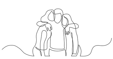 continuous line drawing of three teenage friends hugging each other