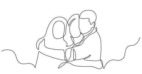 continuous line drawing of three friends hugging each other