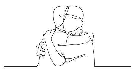 continuous line drawing of two close friends meeting hugging each other