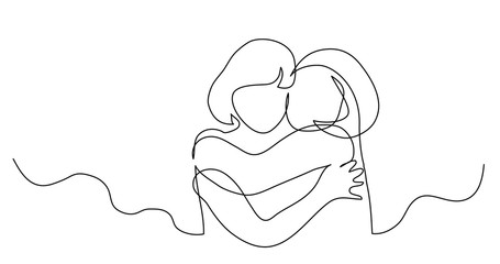 continuous line drawing of two girls hugging each other - obrazy, fototapety, plakaty