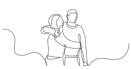 continuous line drawing of young couple of friends hugging each other