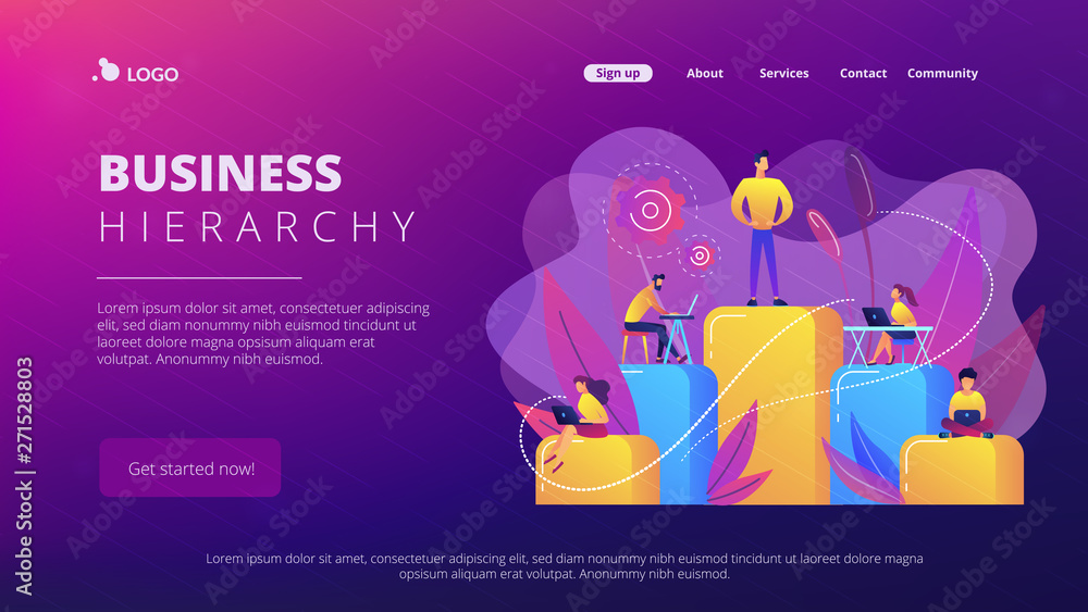 Poster businessmen work with laptops on graph columns. business hierarchy, hierarchical organization, level