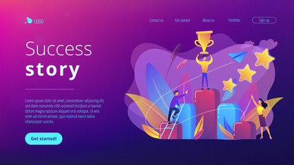 Businessman holds a cup on top of column graph. Key to success and success story, business chance, on the way to success concept on white background. Website vibrant violet landing web page template.
