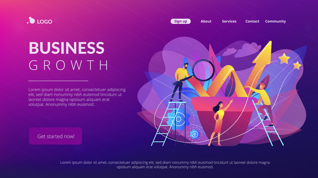 Business team work with growth chart in flower pot. Sustainable development and business growth, evolution and progress concept on white background. Website vibrant violet landing web page template.