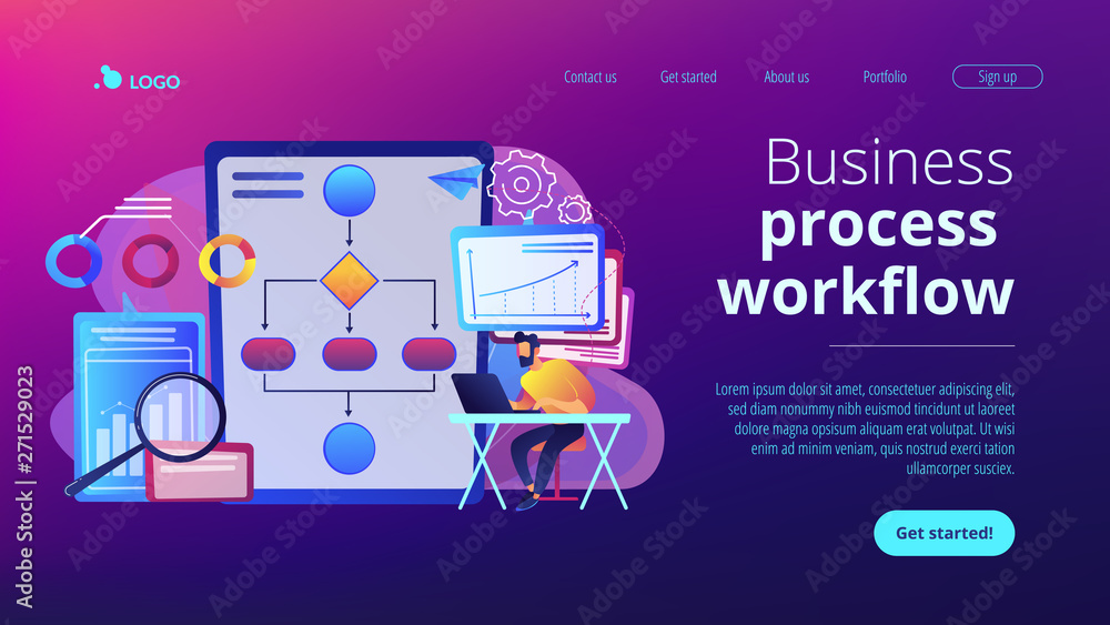 Poster analyst working at laptop with automation process. business process automation, business process wor