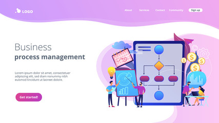 Businessmen work with improvement diagrams and charts. Business process management, business process visualization, IT business analysis concept. Website vibrant violet landing web page template.