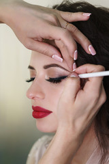 Obraz premium Makeup artist working in makeup studio, applies a brush on eyelid. Female face close up.