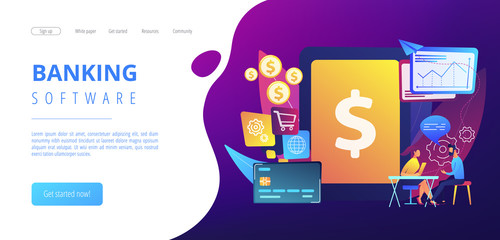 Tablet, bank card and manager using banking software for transactions. Core banking IT system, banking software, IT service concept. Website vibrant violet landing web page template.