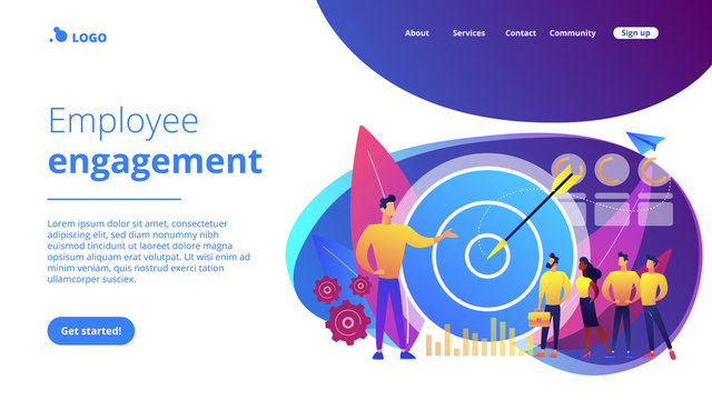 Big target, manager and employees engaged in company goals. Internal marketing, company goals promotion, employee engagement concept. Website vibrant violet landing web page template.