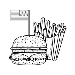 Burger and french fries with the flag of United States. American fast food - Outline Vector