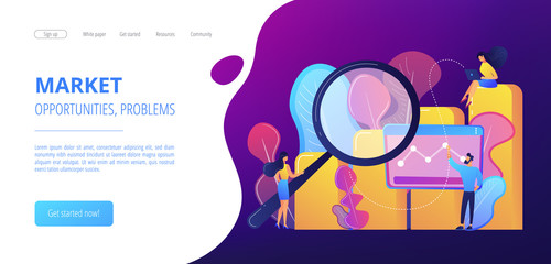 Obraz premium Marketers with magnifier research marketing opportunities chart. Marketing research, marketing analysis, market opportunities and problems concept. Website vibrant violet landing web page template.