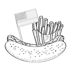 Hot dog and french fries with the flag of United States. American fast food - Outline Vector