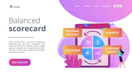 Businesswoman standing at balanced scorecard reflecting performance. Balanced scorecard, performance measurement, enterprise strategic goals concept. Website vibrant violet landing web page template.