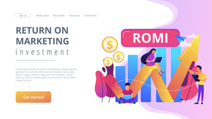 Marketing investment effectiveness chart, tiny people. Marketing investment, return on marketing investment, advertising investment returns concept. Website vibrant violet landing web page template.