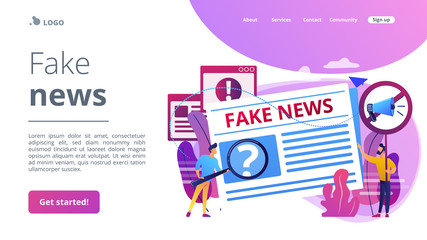 False information broadcasting. Press, newspaper journalists, editors. Fake news, junk news content, disinformation in media concept. Website homepage landing web page template.